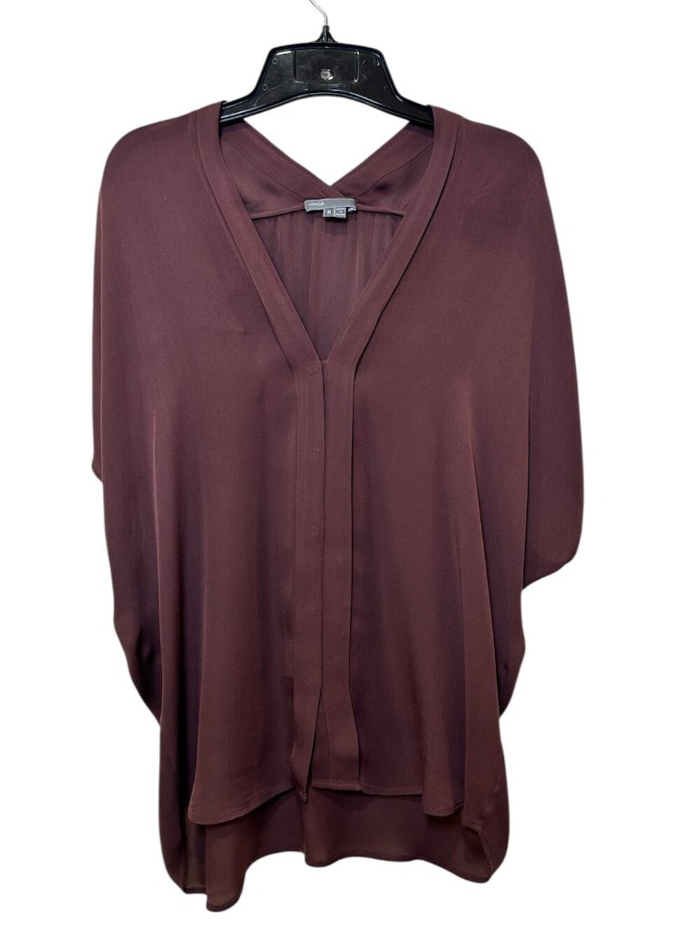 Vince Pleated V Neck Blouse Hidden Buttons 100% Silk Chocolate Brown Size M